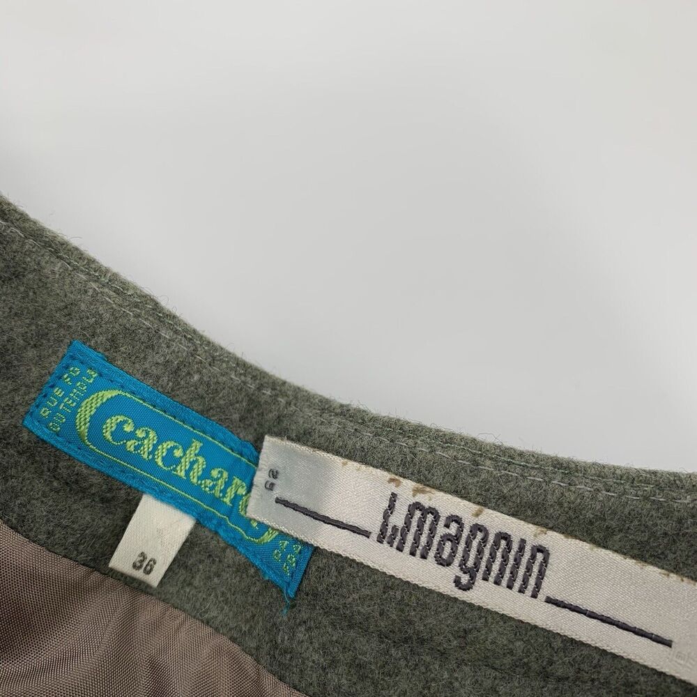 Vintage 1970s Cacharel Pleated Wool A-Line Button Front Skirt 36 US 4 Green Gray - Picture 3 of 7